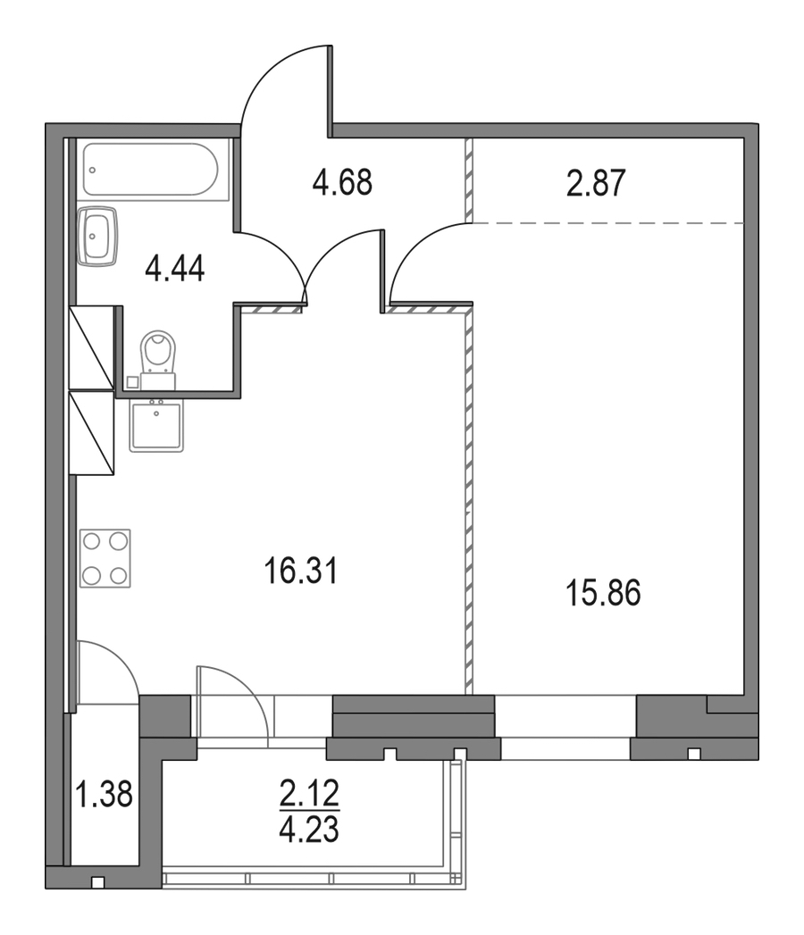 1-комнатная квартира 44.16 м², 15/23 эт., ЖК «Приморский квартал»